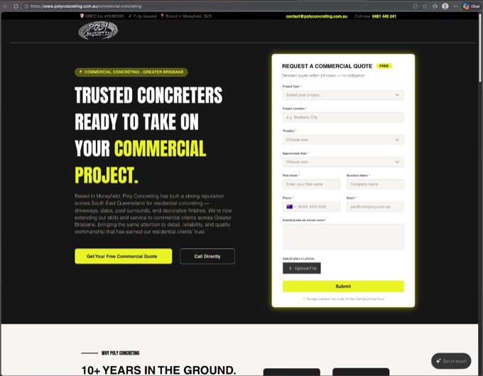 Commercial concreting landing page