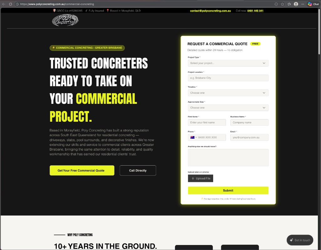 Commercial Concreting landing page preview