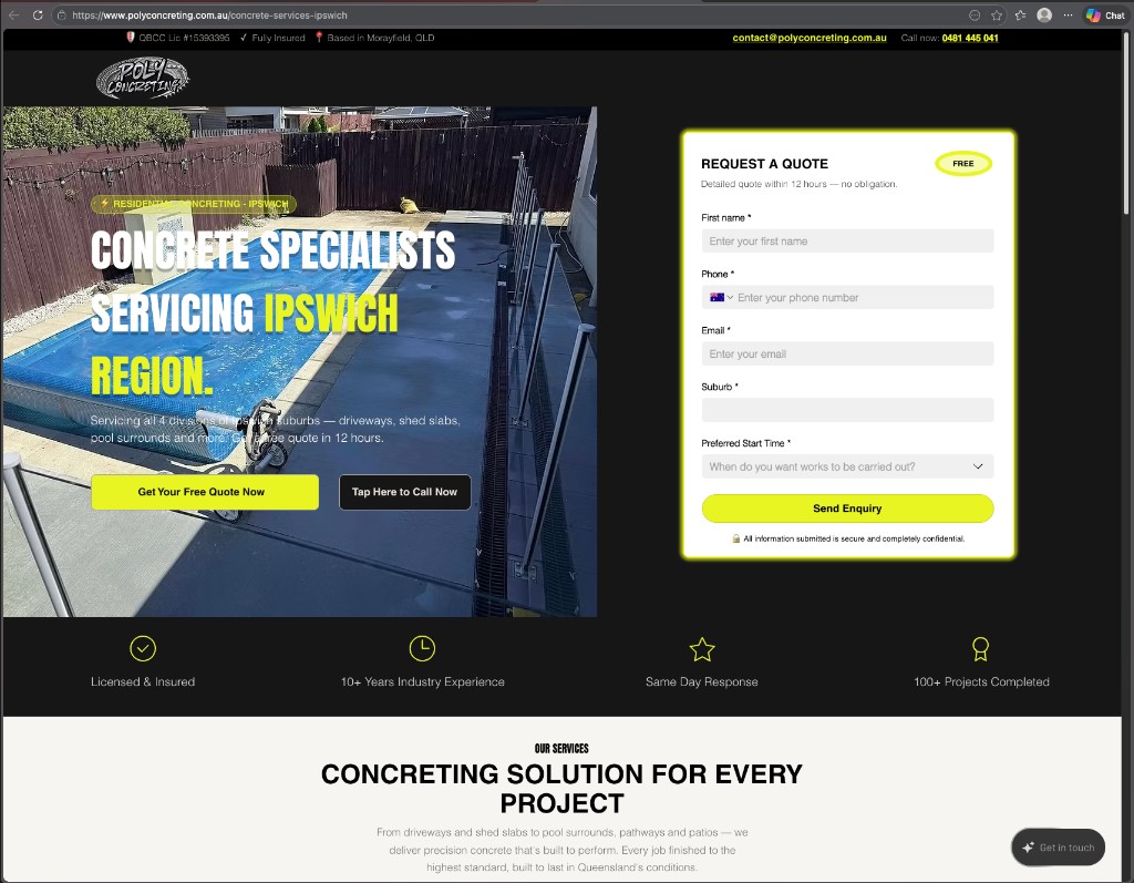 Ipswich concreting services landing page preview