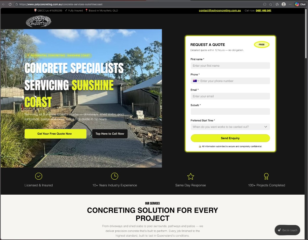 Sunshine Coast concreting services landing page preview